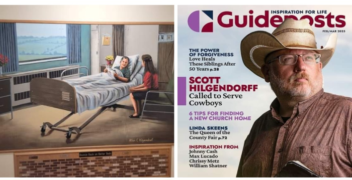 A photo of a mural painted by artist Alan Hilgendorf and a photo of a Guideposts magazine cover featuring cowboy preacher Scott Hilgendorff