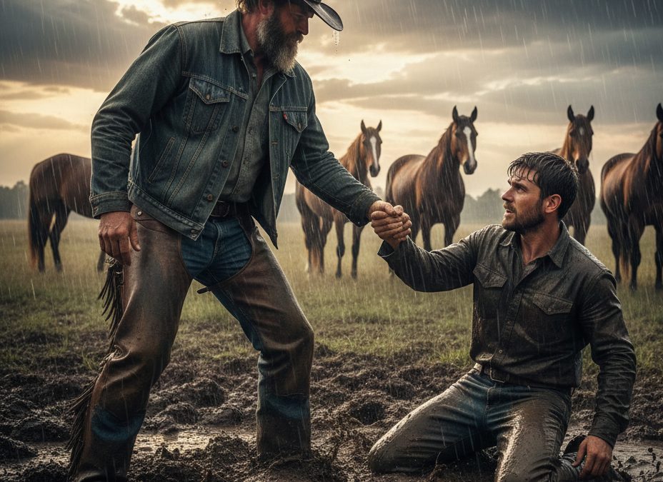 A cowboy gives a hand up