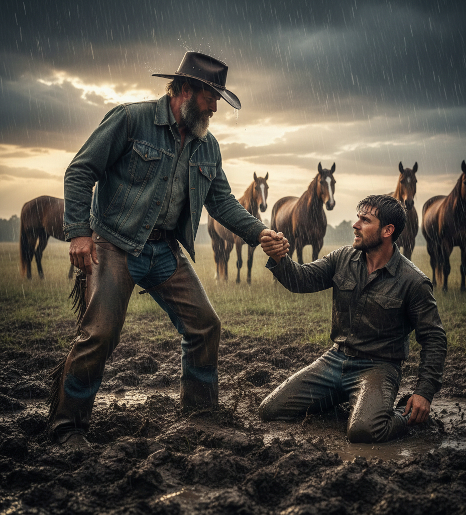 A cowboy gives a hand up