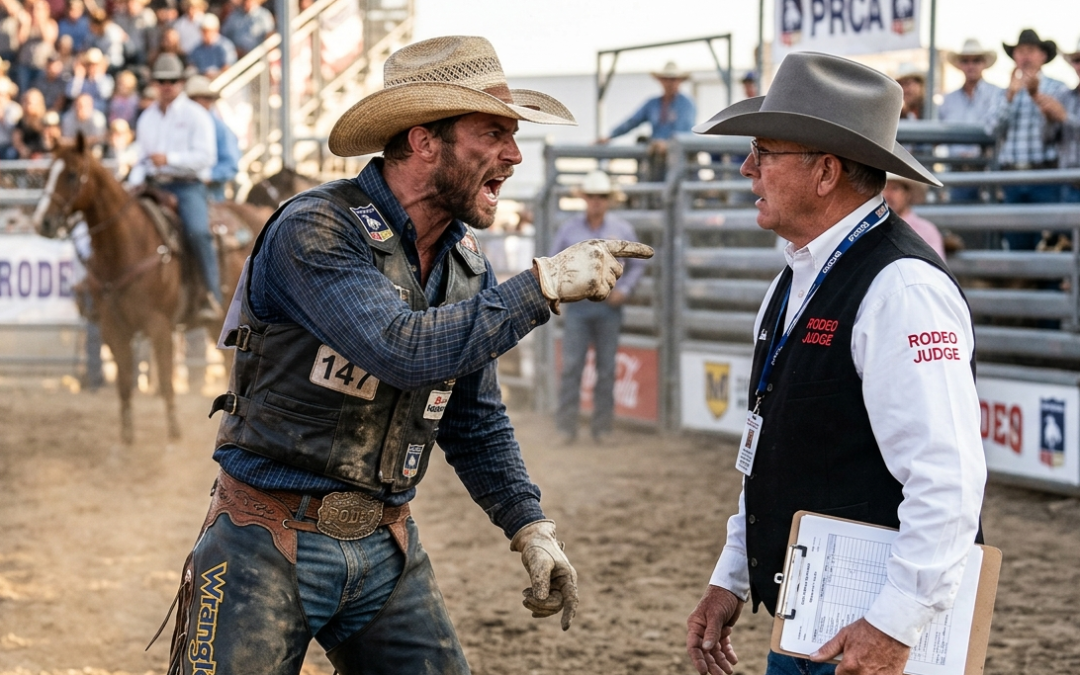 A generated image of a rodeo cowboy yelling at a judge over a bad call