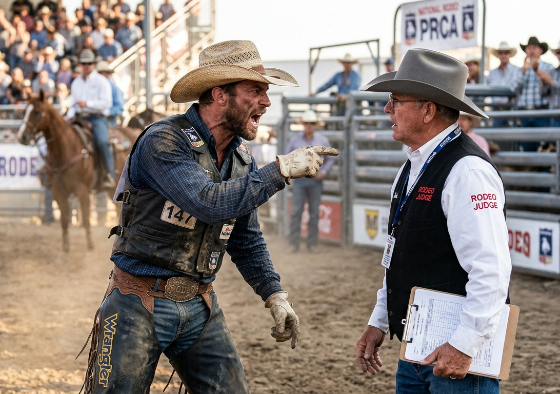 A generated image of a rodeo cowboy yelling at a judge over a bad call
